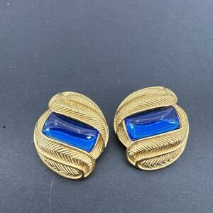 Vintage 1980's Trifani TM Gold Tone Blue Leaf Clip Earrings
